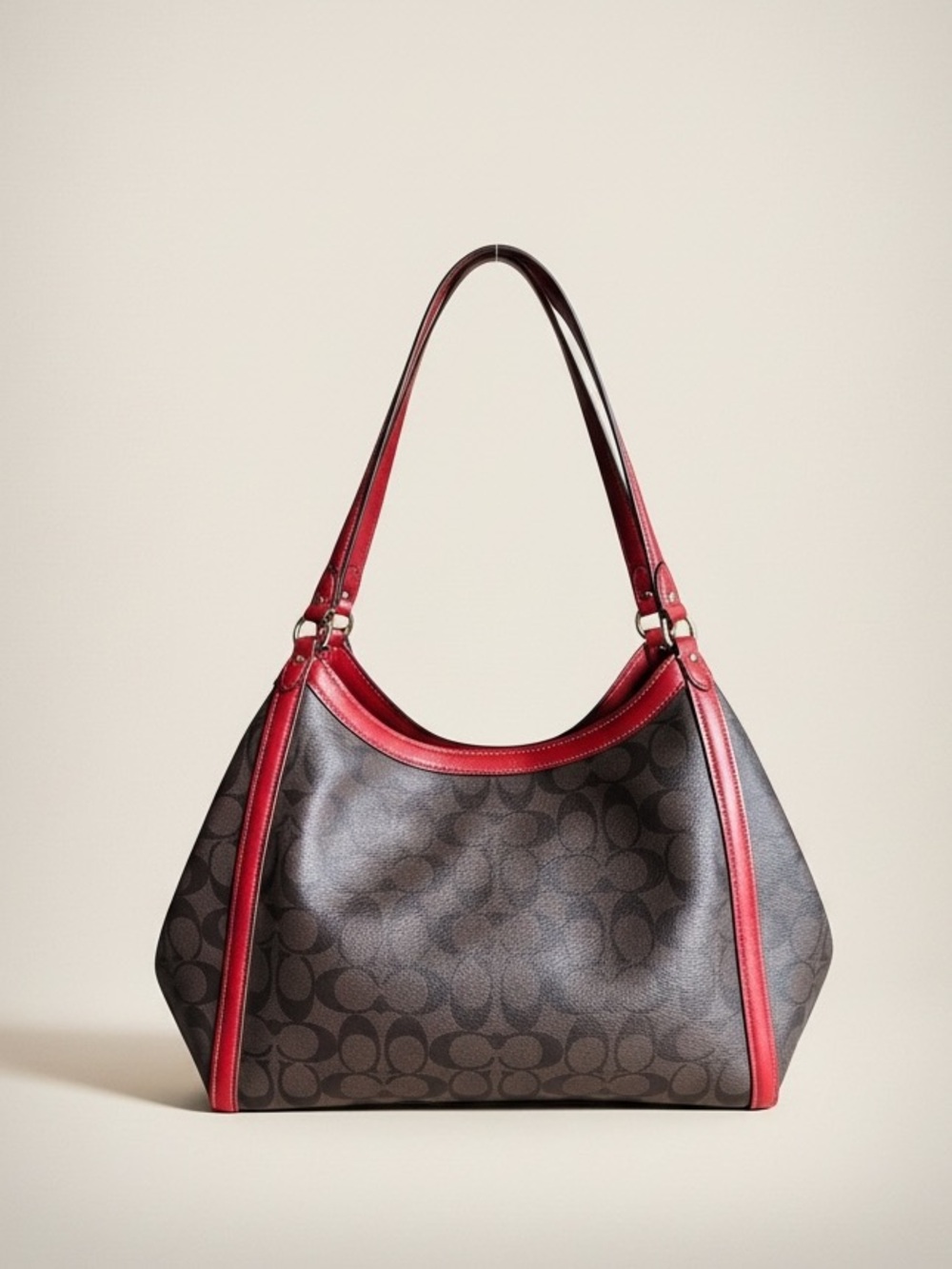 ✨ Coach Signature Zip Shoulder Bag Red Trim Brown Black Canvas NWOT✨ - Picture 3 of 13